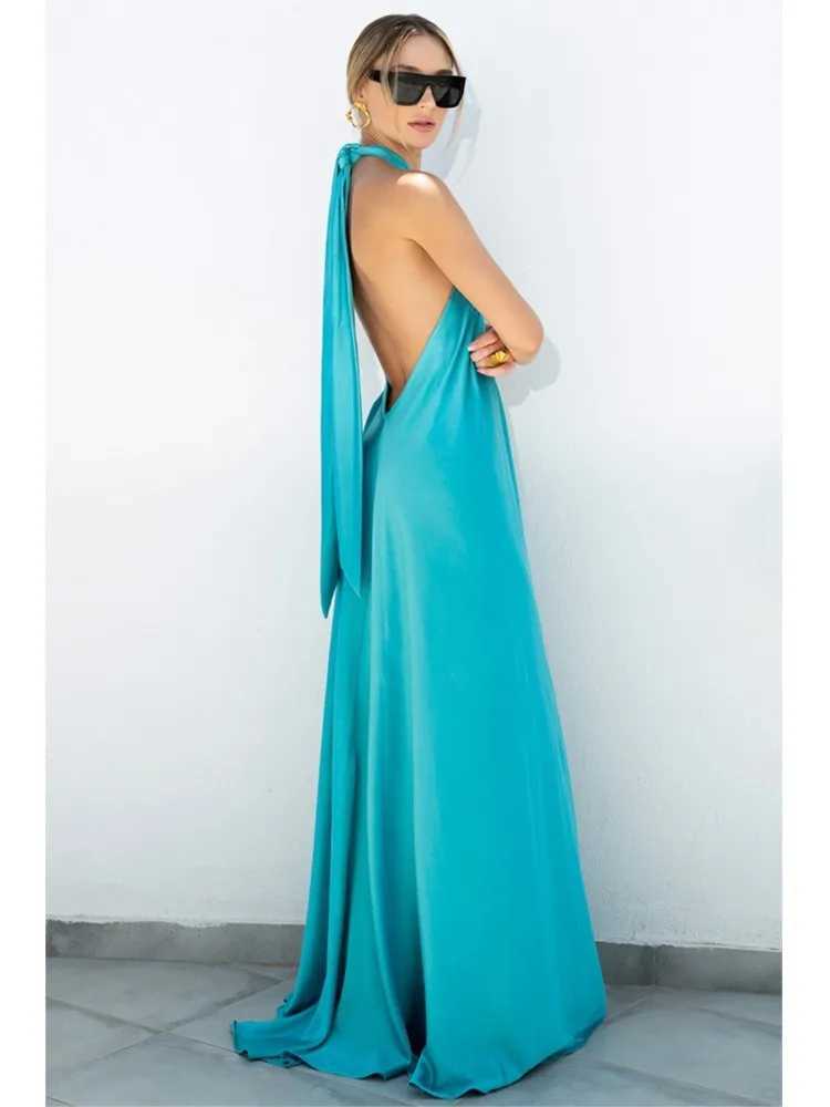 Party Dresses For Women Loose Halter Neck Leace-up Backless Sexy Satin Evening Dress A-line Summer New Fashion Elegant VacationXJ250514