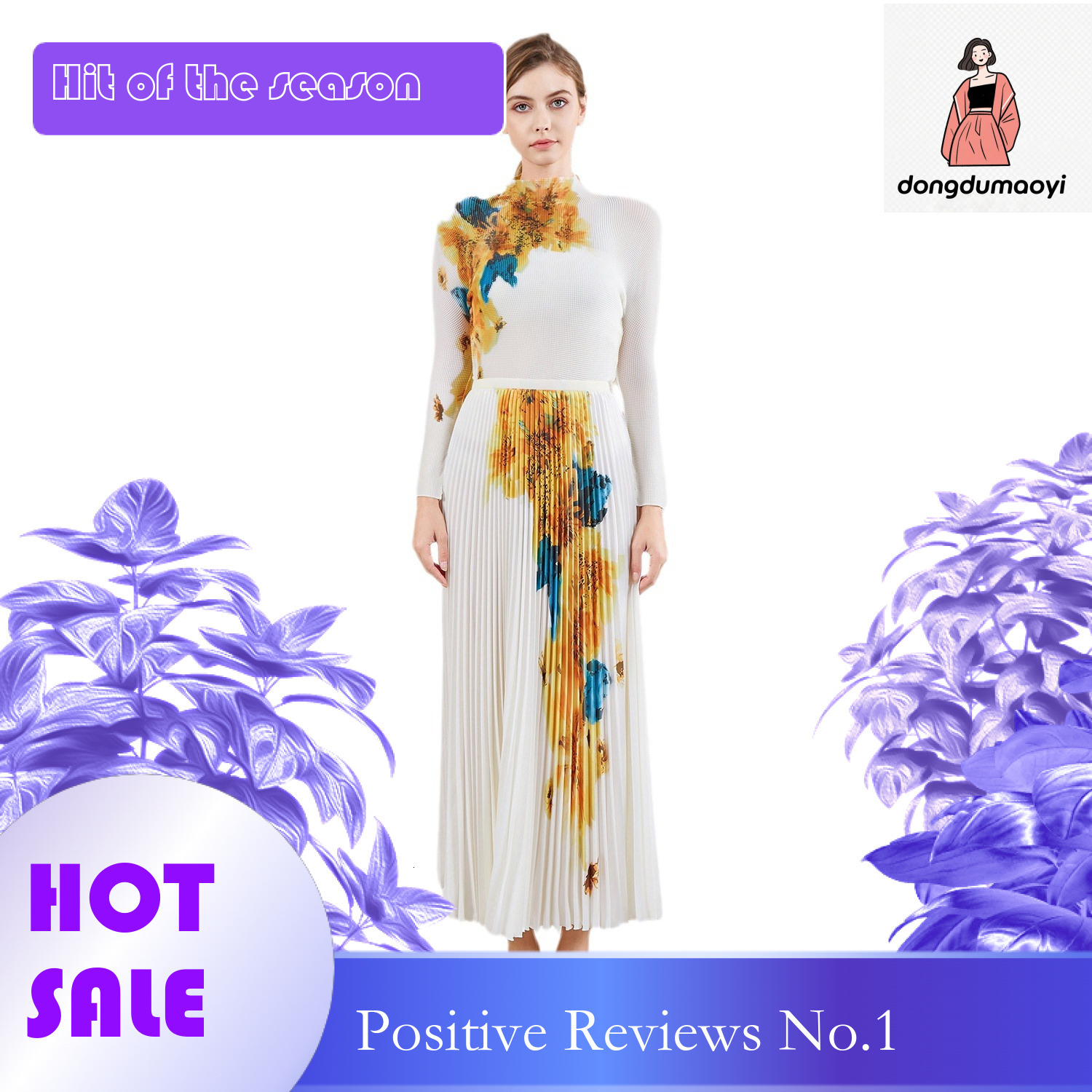 dongdumaoyi Miyake set two-piece top fashionable slim fit temperament pleated T-shirt printed skirt