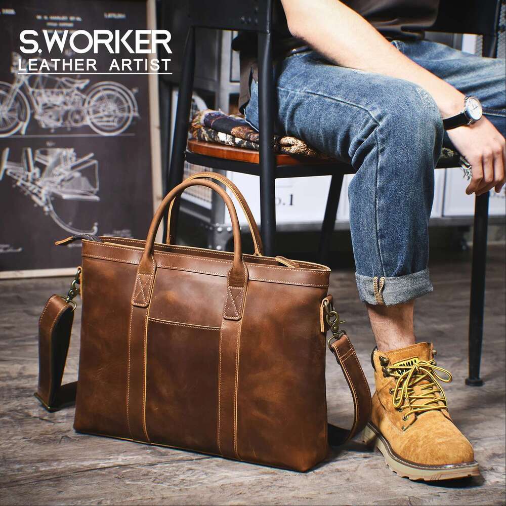 Vintage Genuine Men's Briefcase 16" Laptop Bags Crazy Horse Leather Messenger Handbag Cowhide Idea Gift For Men