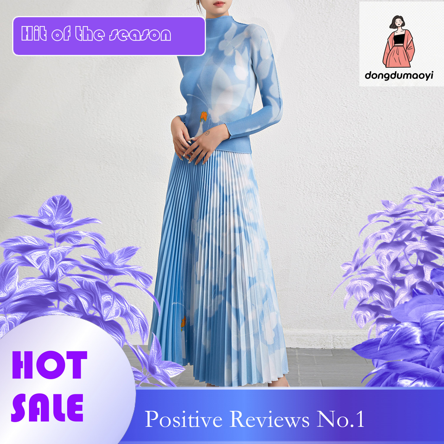 dongdumaoyi Western style fashion casual suit women's autumn new item elastic long sleeved printed T-shirt pleated skirt two-piece set