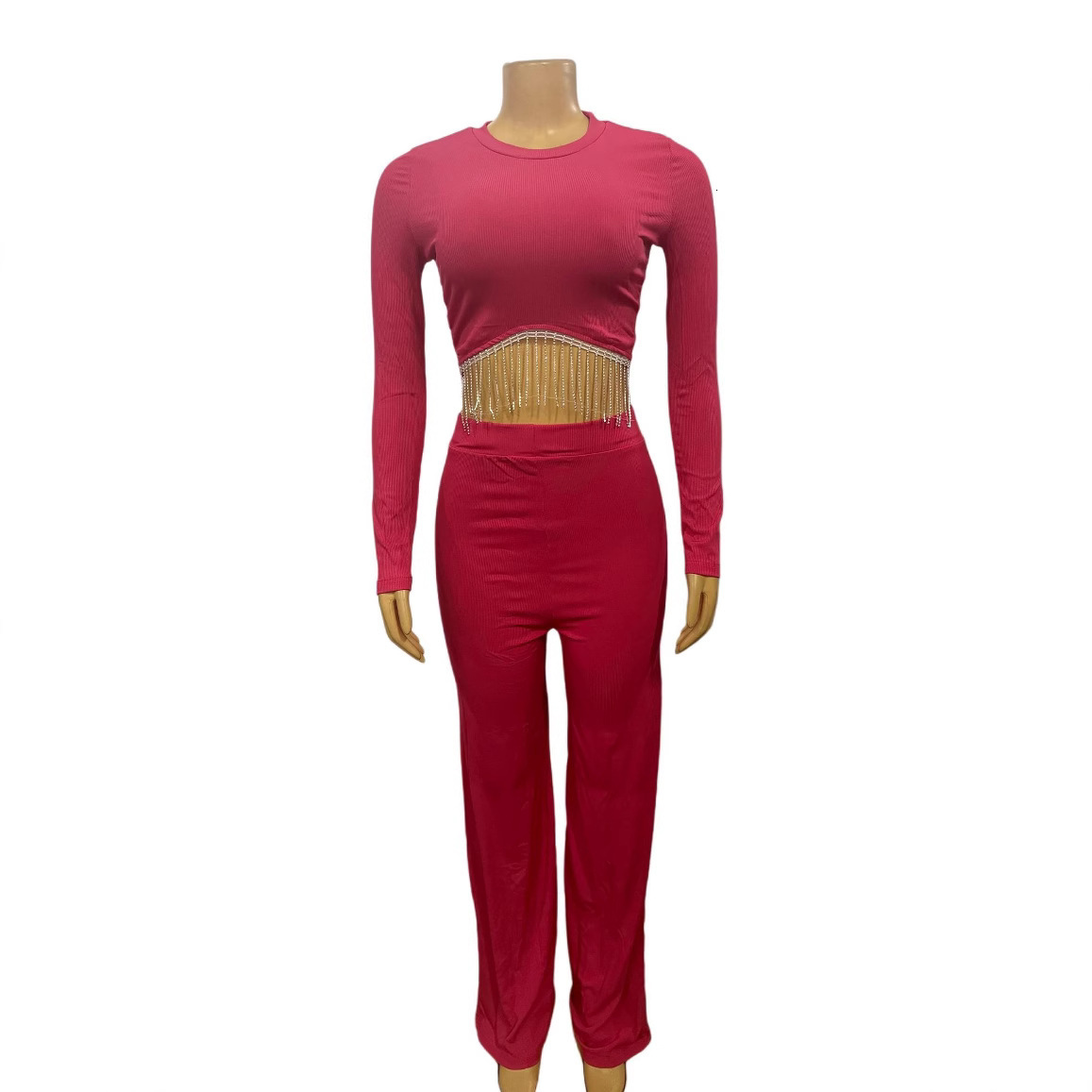 Womens new spliced chain round neck exposed waist long sleeved top straight leg pants set