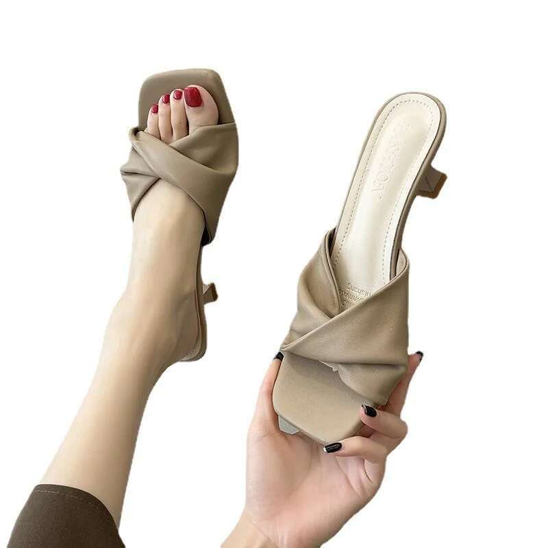 new minimalist single e cool drag cat heel high-heeled shoes French women's half slippers for outerwear