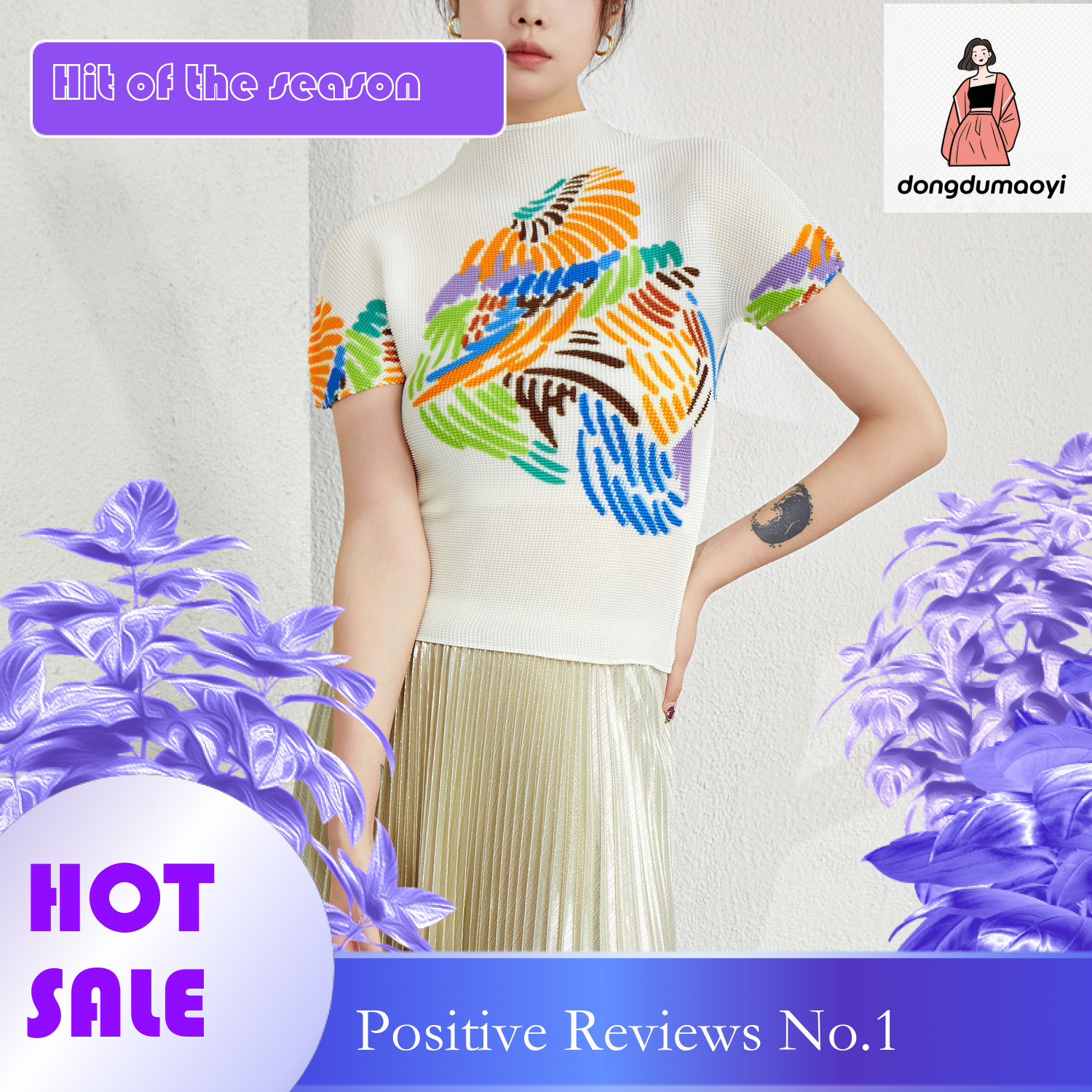 dongdumaoyi Fold up shirt summer women, thin short sleeved top, slim fit and slimming, elastic printed casual T-shirt for women