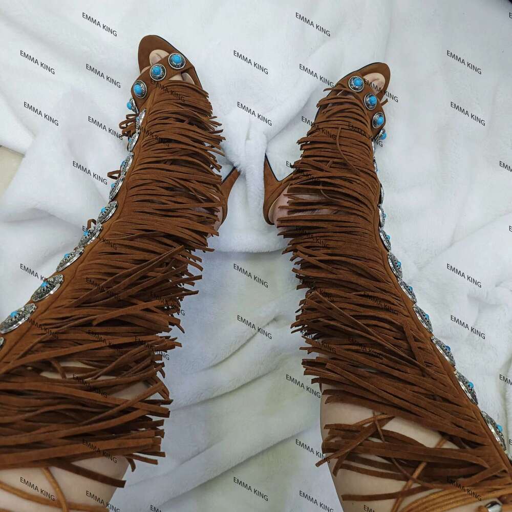Designer Fringe Thih Heel Sandals Woman High Heels Open Toe Party Prom Shoes 2024 Sexy Zipper Female Tassel Pumps 44