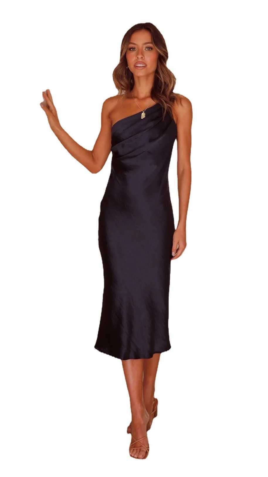 Solid Color One Shoulder Spaghetti Strap Slim Party Dresses Women Folds Backless Leace-up Package Hip Bodycon Lady Evening DressXJ250514