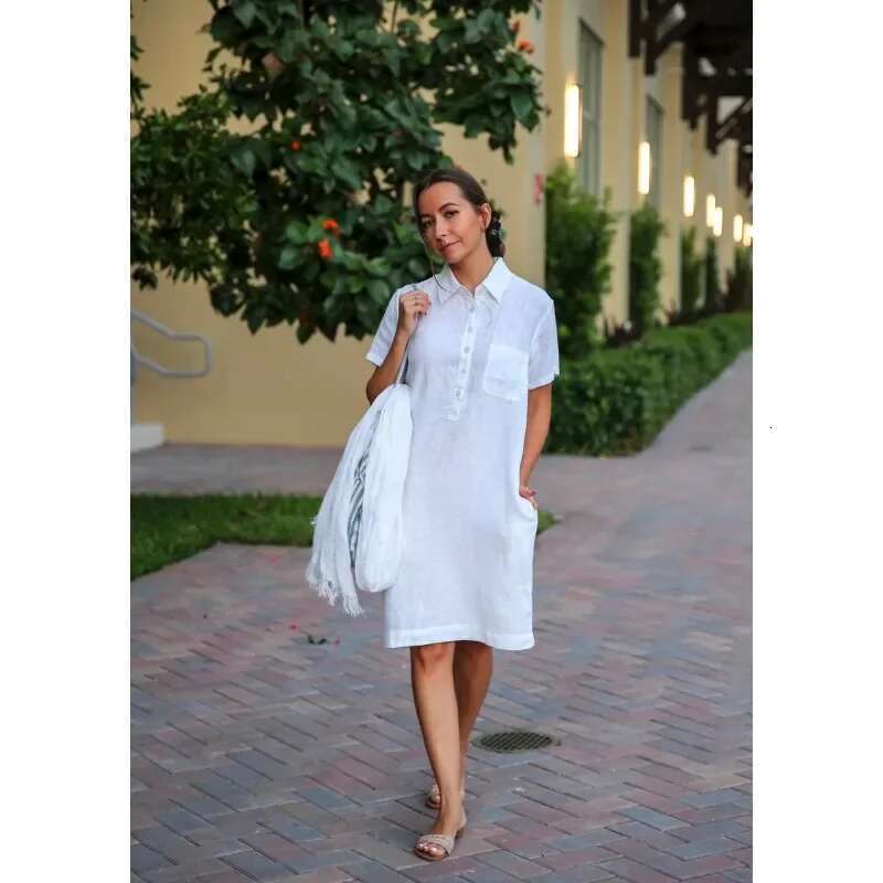 Summer You Are A Women's Oversized Loose Cotton with Button Up Collar Shirt Pocket Solid Color Casual Dress plus size