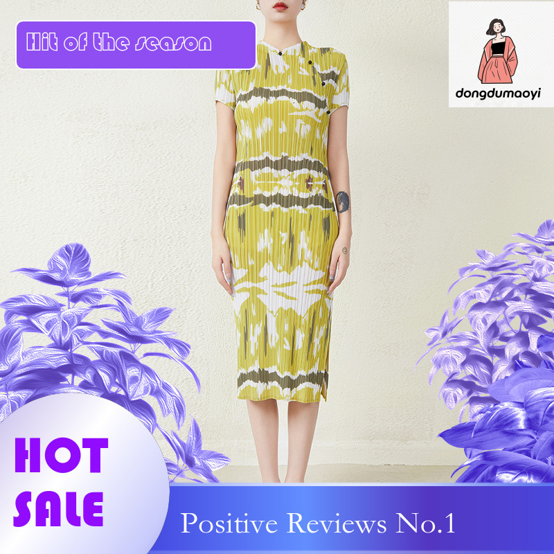 dongdumaoyi Miyake Summer New Style Cheongsam Long with Wrinkles High End Charm Grass Green Waist Collection Dress for Women