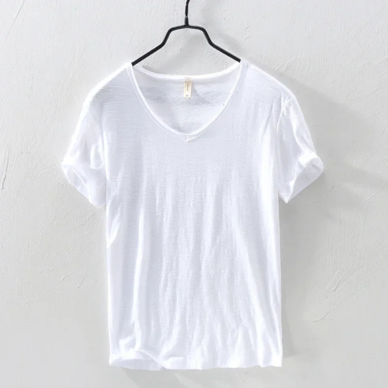 Summer 100% Cotton T-shirt Men V-neck Solid Color Casual T Shirt Basic Tees Plus Size Short Sleeve Tops Y2449 250513