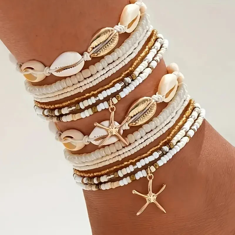 7/14pcs Bohemian Beaded Anklet Set for Women Summer Starfish Shell Charms Multi-Layer Beach Foot Bracelets Daily Wear Jewelry 250513