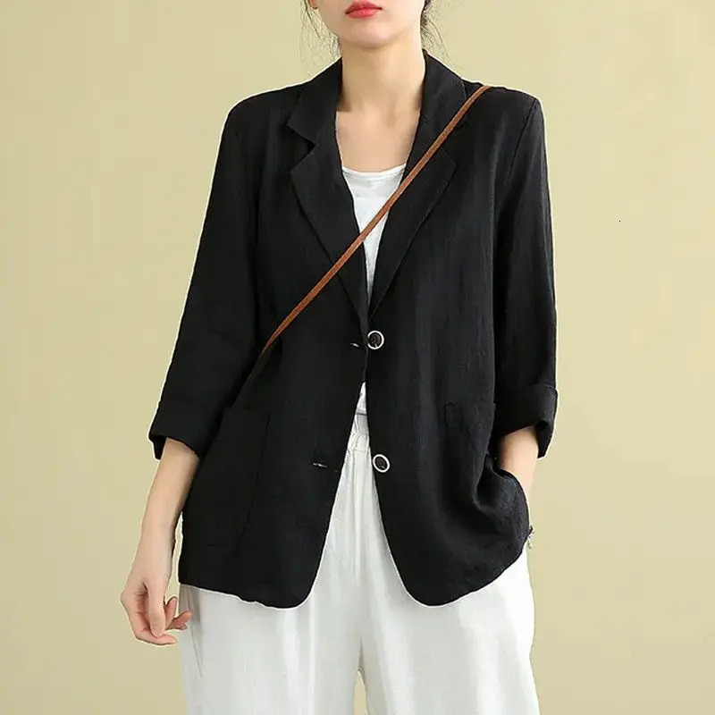 Casual Cotton and Linen Suit Jacket Women Spring and Summer Loose solid Long-sleeved Blazer Woman Sunscreen Clothing 250513