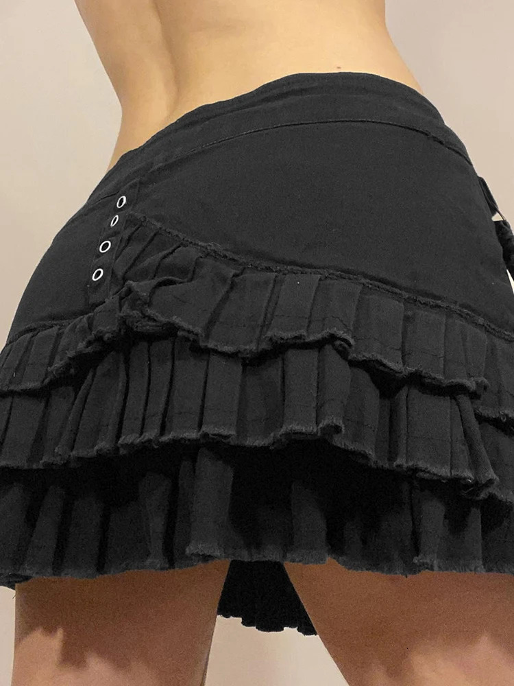 SUCHCUTE Goth Aesthetic Ruffles Irregular Mini Skirts Women Fairycore Streetwear Low Rise Denim Y2K Dark Academia 250514