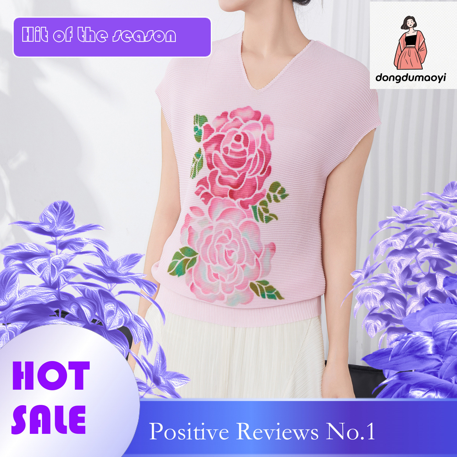 dongdumaoyi Miyake versatile design, niche fashion temperament, new pleated rose print V-neck short sleeved t-shirt for women