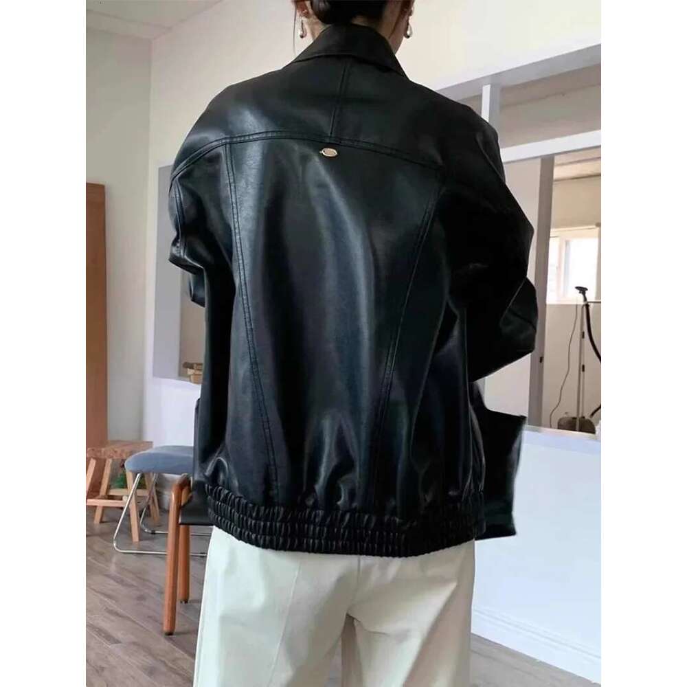 Korean Chic Motorcycle Outerwears Pu Leather Chaquetas Mujer Women 2025 Jacket Loose Laple Neck Ropa Long Sleeve Casaco
