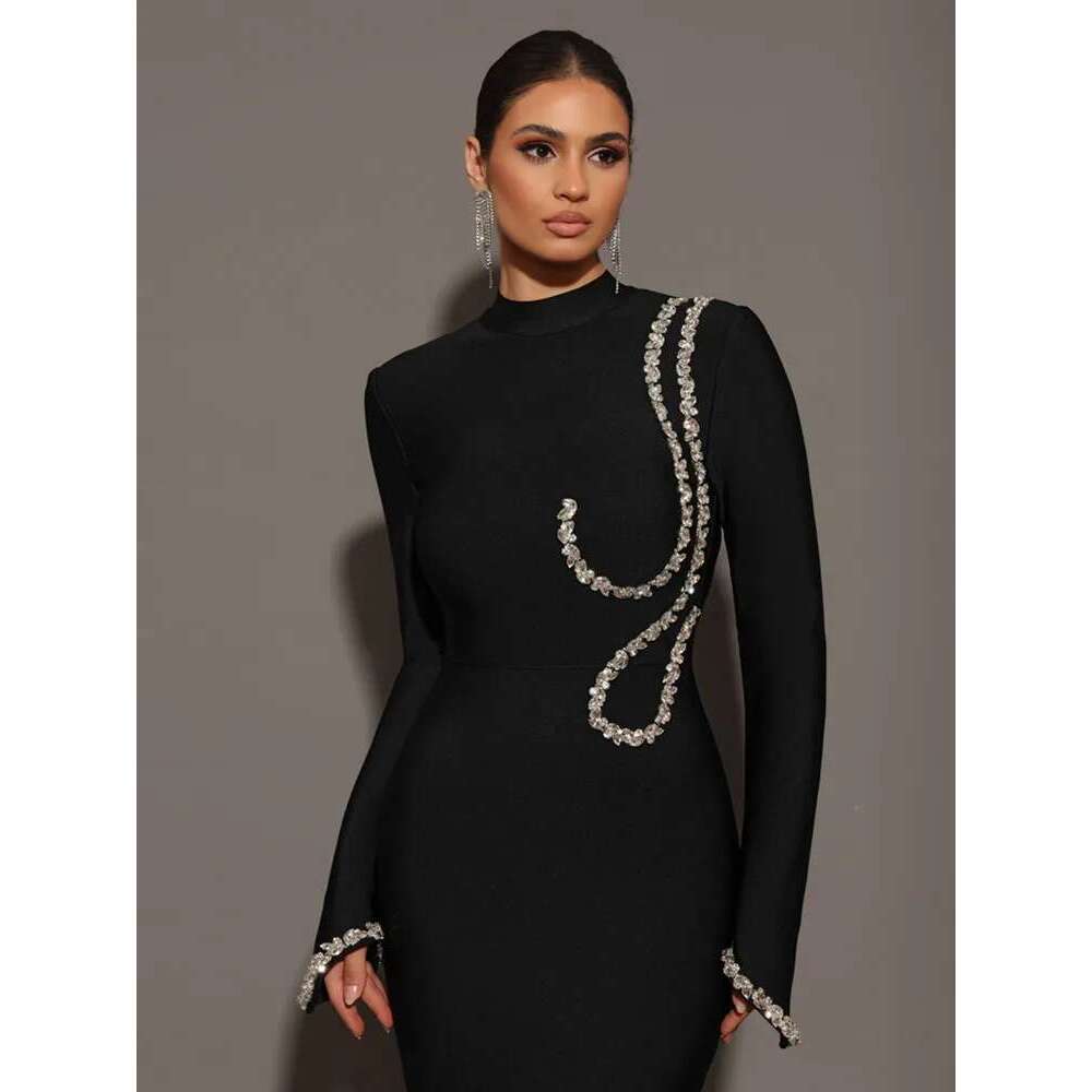 Women Celebrity Sexy Sleeve Dias Black Maxi Long Bodycon Bandage Dress Knitted Elegant Evening Club Party Outfit