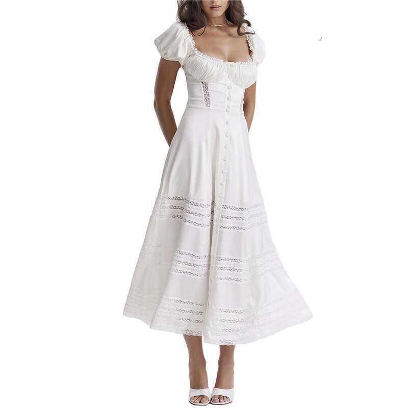Women Long White Elegant Short Sleeve Square Neck See-through Patchwork Swing Summer Casual Dress