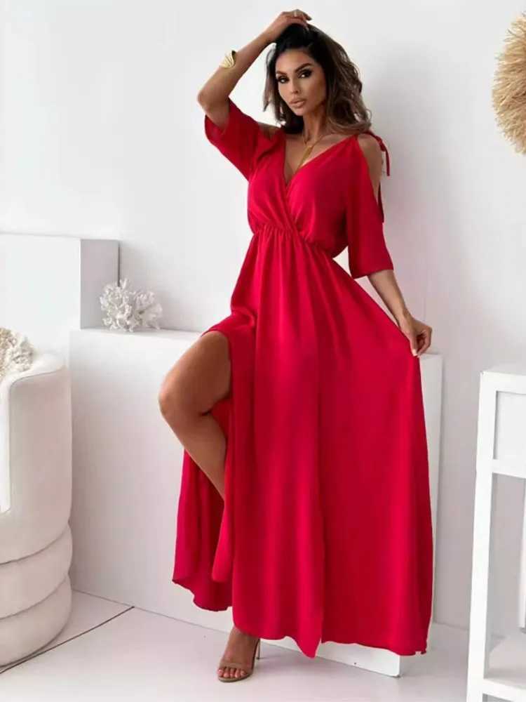 Summer V-neck Skirt Slit Dress Off-shoulder Sleeves Sexy Spaghetti Strap Dress Fashion Elegant Loose Beach Dresses Robe FemmeXJ250514