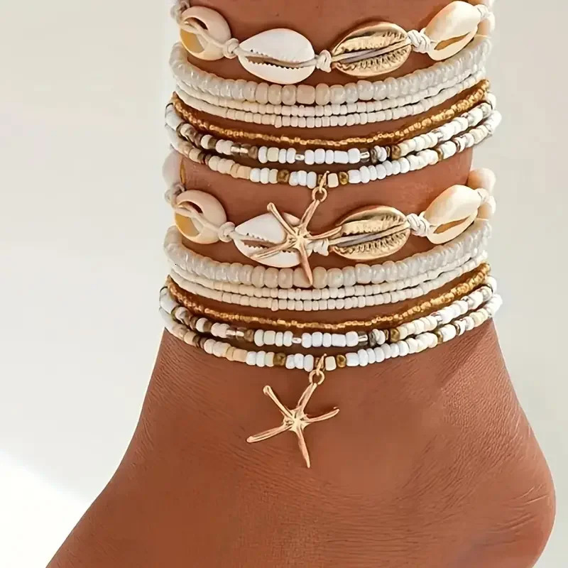 7/14pcs Bohemian Beaded Anklet Set for Women Summer Starfish Shell Charms Multi-Layer Beach Foot Bracelets Daily Wear Jewelry 250513