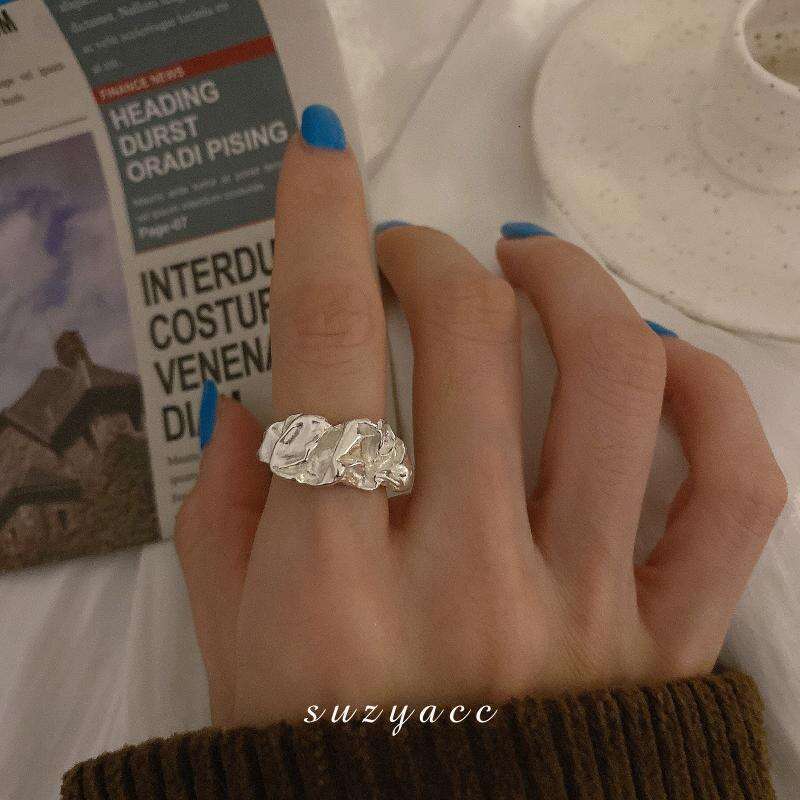 Wrinkled opening, light luxury personality, Thai silver copper ring, female ins, cool style, niche design, handmade accessory