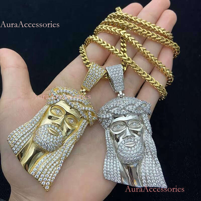 Large Size Micro Pave Solid Back Gold Hip Hop Iced Out Jesus Pendant