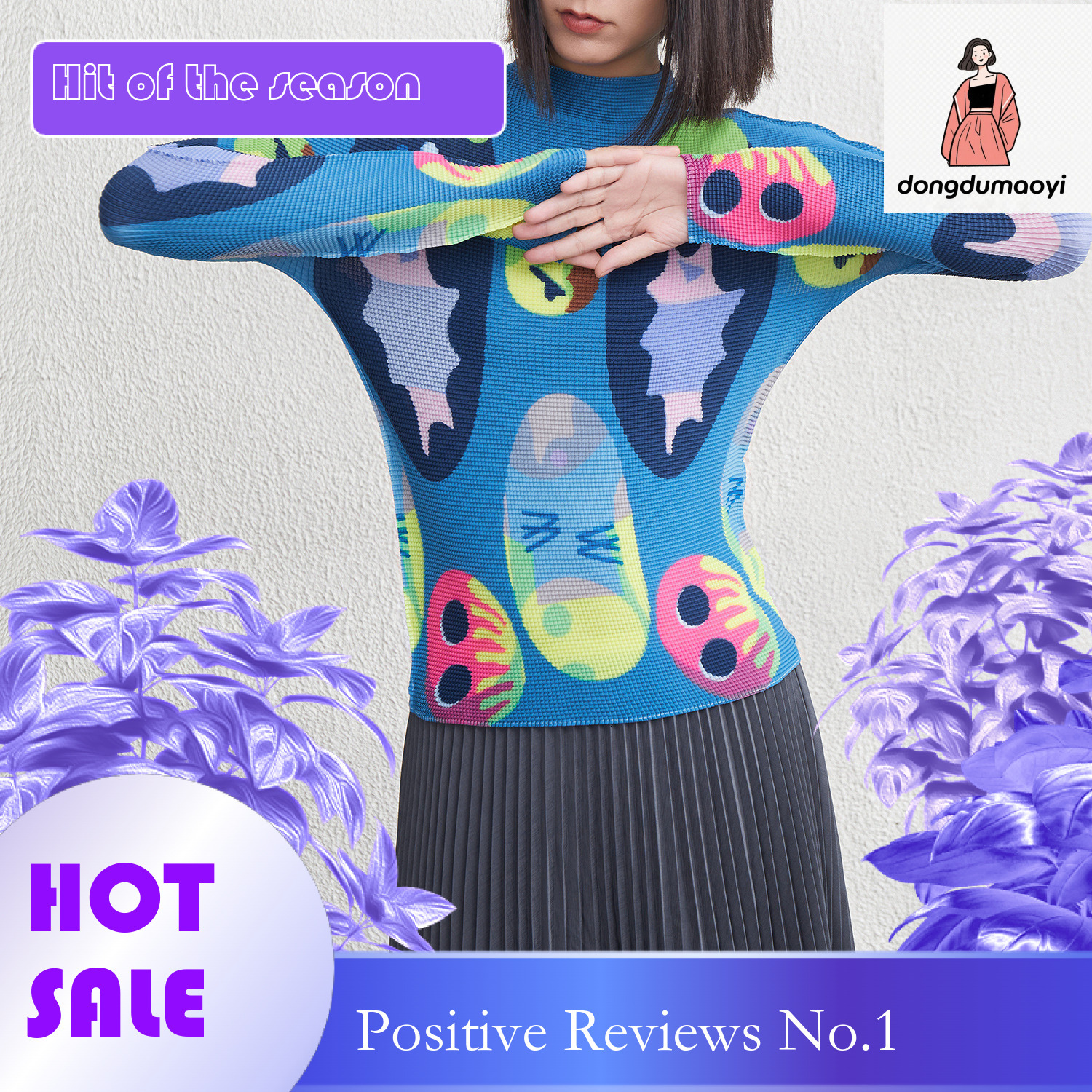 dongdumaoyi Miyake Half High Collar Bottom Shirt for Women 2025 New Style Spring and Autumn Winter Inner Fold Slimming Long Sleeve Thin Printed Top