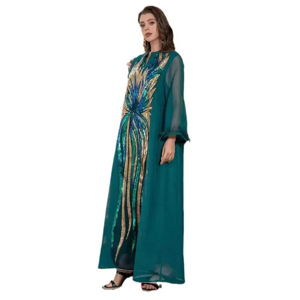 Muslim Womens Robe V-neck Long-slved Dark Grn Robe Fashionable Camel Hair Shiny Comfortable And Casual Elegant Dress X250514