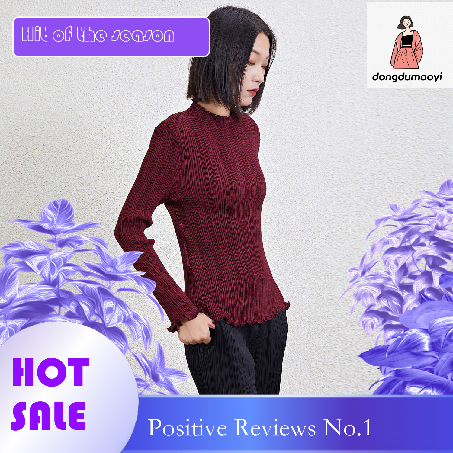 dongdumaoyi Miyake semi high neck long sleeved T-shirt for women in winter 2024, new women's pleated lace collar base shirt, top trend