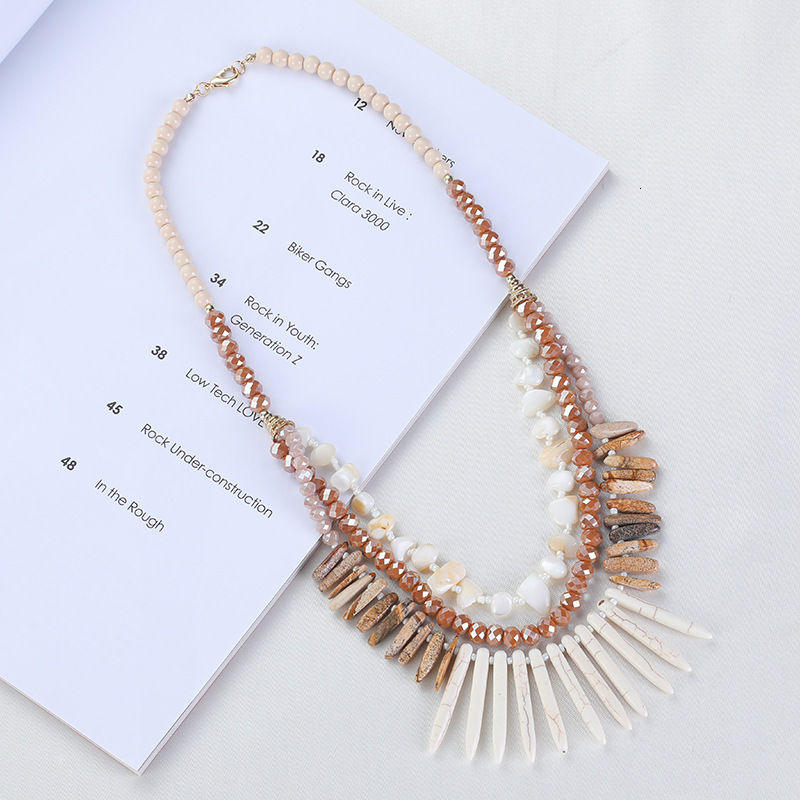 Long tooth pine stone crystal glass bead necklace