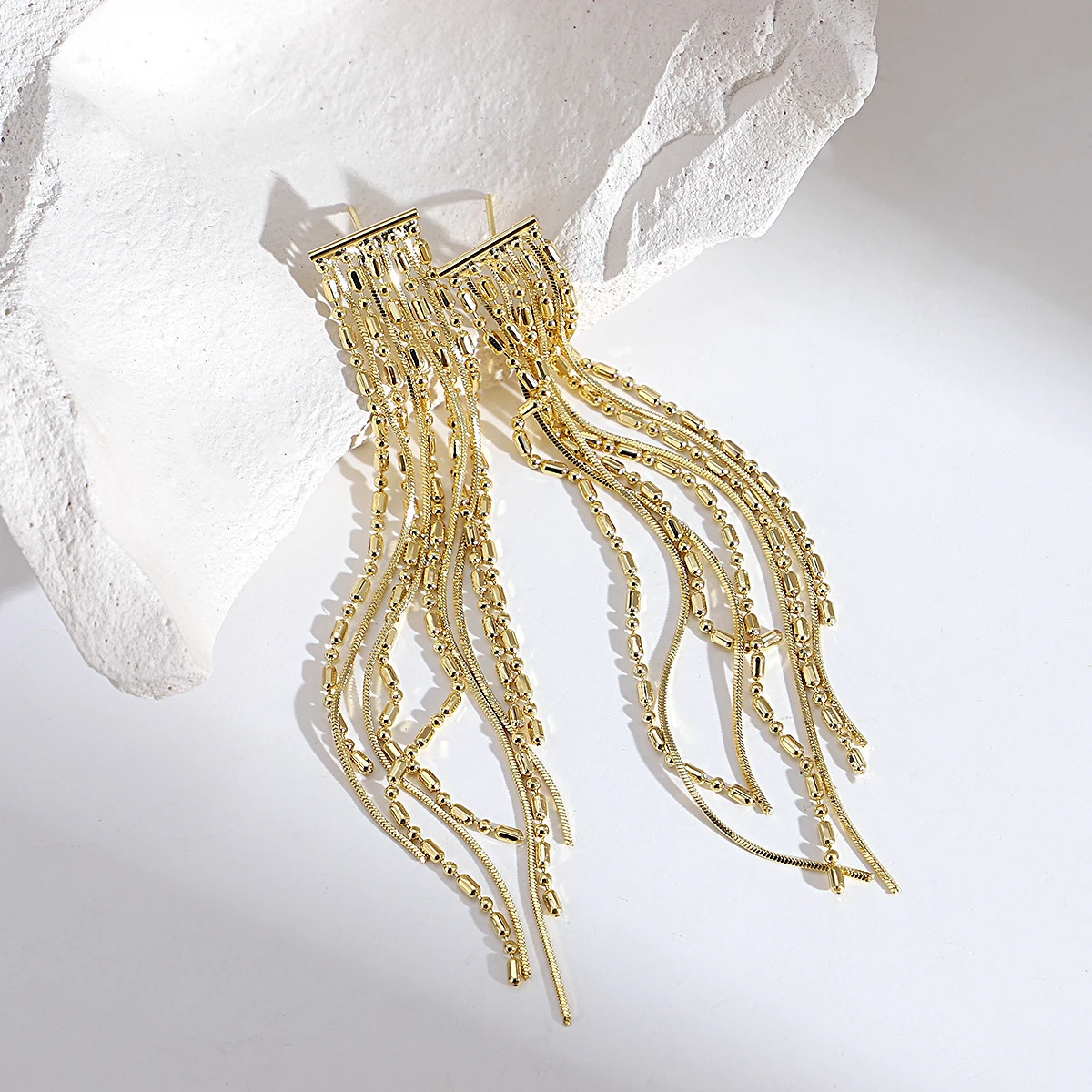 Greatera Trendy Gold Plated Copper Alloy Beads Chain Tassel Drop Earrings for Women Long Hanging Earrings Party Jewelry 250513