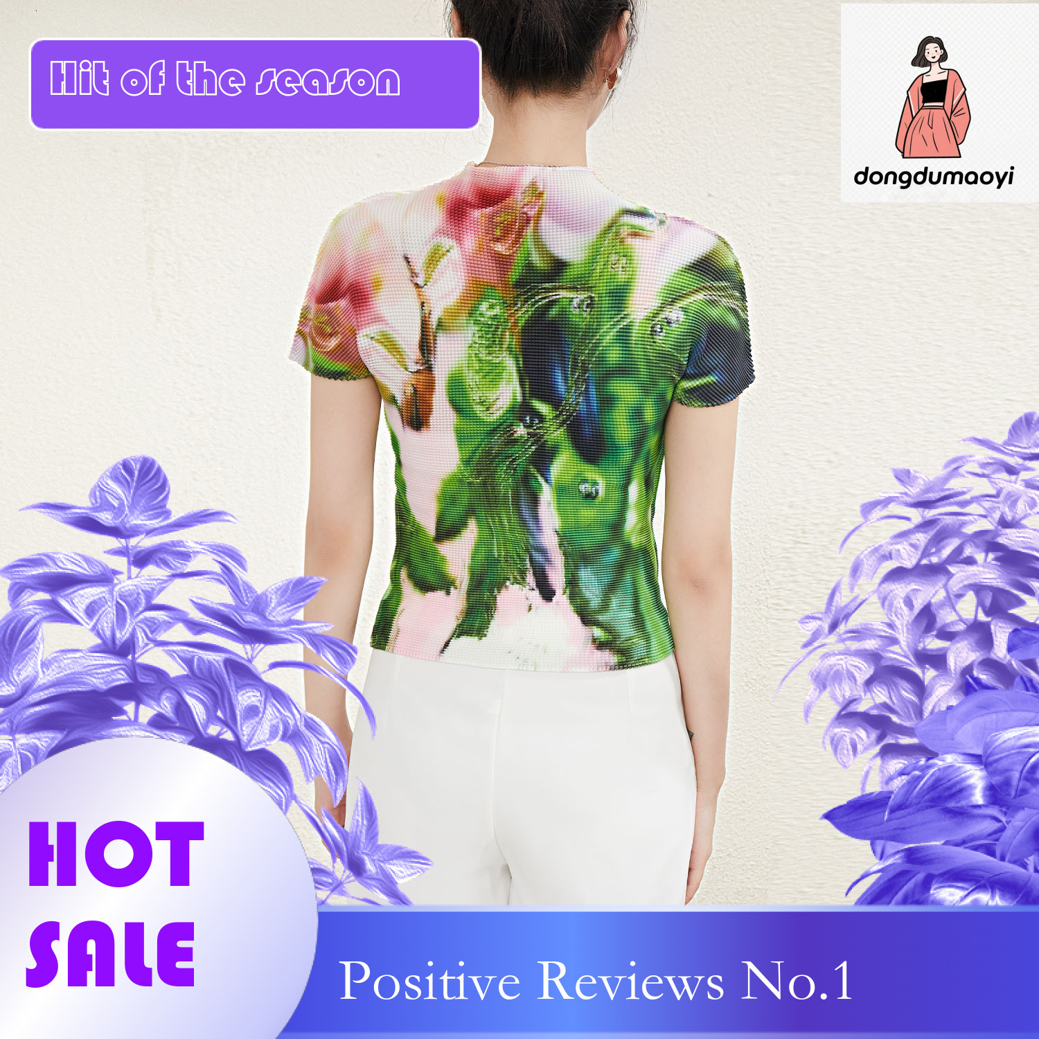dongdumaoyi Summer 2023 Miyake printed temperament stand up collar short sleeved t-shirt slimming versatile high-end thin pleated top for women