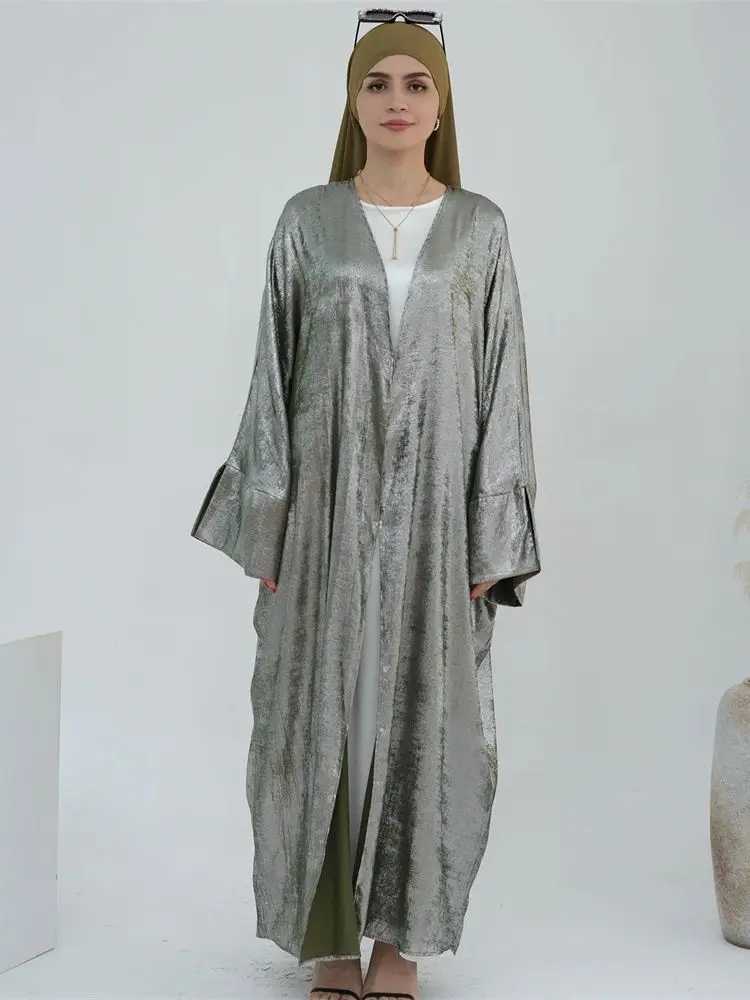 Ramadan Eid Shiny Batwing Satin Open Kimono Abaya Dubai Luxury 2024 Muslim Abayas For Women Kaftan Dress Islamic Clothing Femme X2505141