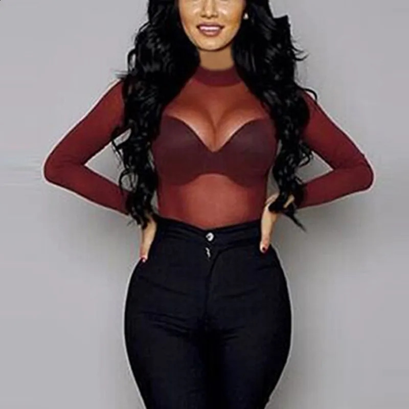 Sexy womens Tshirt transparent mesh top long sleeves pure thin turtle neck 250506