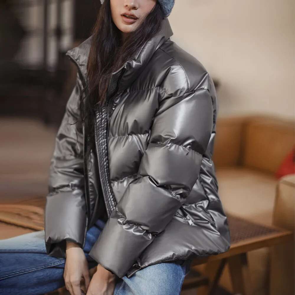 Maden Casual Shiny 90% White Duck Down Short Stand-Up Collar Warm Puffer Jacket For Women Fall And Winter Thickened Coat