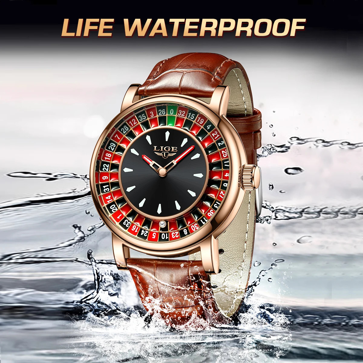 LIGE Fashion Brown Leather Men Watch Rotating Dial Las Vegas Roulette Desktop Theme Waterproof Luminous Clock Watches 250509
