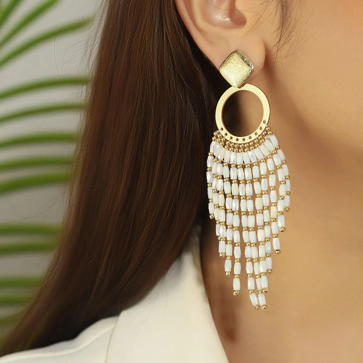 Bohemian Ethnic Crystal Beads Long Tassel Earrings for Women Vintage Elegant Geometric Metal Drop Earrings Handmade Jewelry Gift 250514