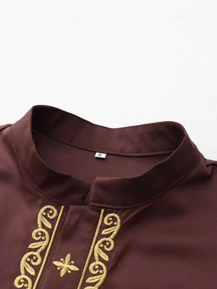 Mens casual ethnic style long sleeve stitching embroidery Islamic Muslim mens long sleeve standing collar Muslim Arab robe X250514