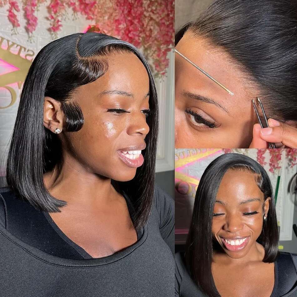 Short Bob Bone Straight Black 13X4 Frontal Wig 100% Human Hair 4X4 Lace Front Wigs