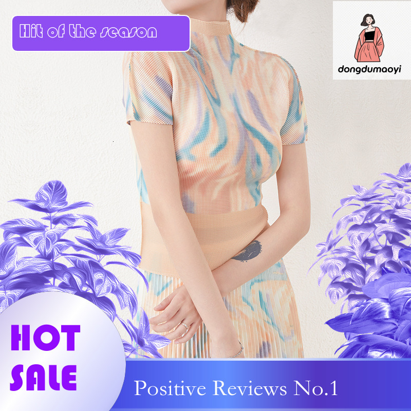dongdumaoyi Miyake temperament set, fashion high-end women's printed short sleeved T-shirt, slim fit and slimming half skirt two-piece set