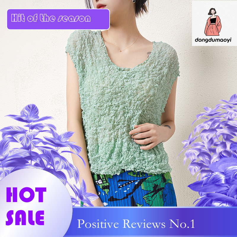 dongdumaoyi Wrinkled short sleeved top, women's bag sleeves, round neck, summer new style, loose design, thin and slightly transparent T-shirt, c