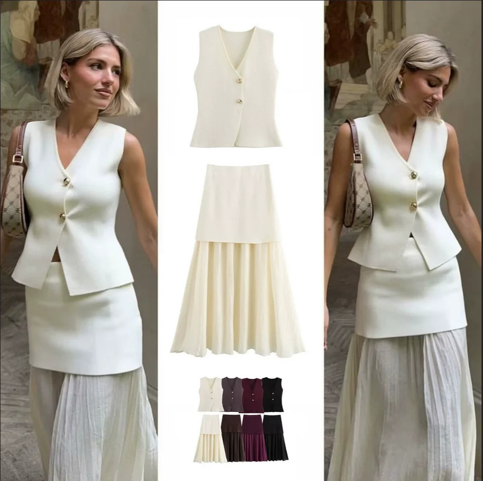 4 Color Women 2 Piece Skirt Set VNeck Sleeveless Knitted Vest TopElegant Splicing High Waist Zipper Long Skirts Holiday Suits 250514