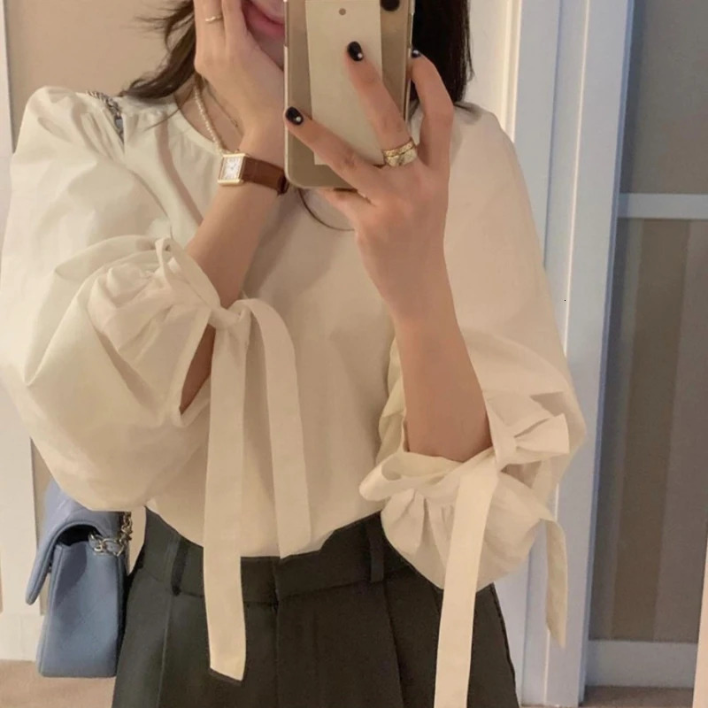 REALEFT Spring Summer Lantern Sleeve Womens Blouses Oneck Casual Loose Shirts For 250514