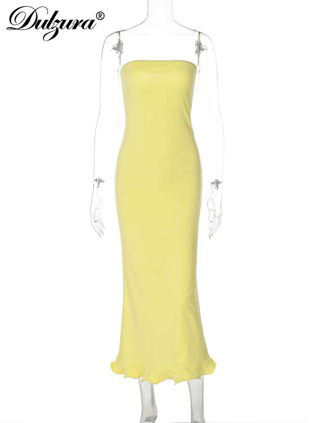 Dulzura Sleeveless Ruffles Patchwork Strapless Bodycon Midi Dress WomenS Solid Sexy Outfit Party Clubwear For Autumn WinterXJ250514