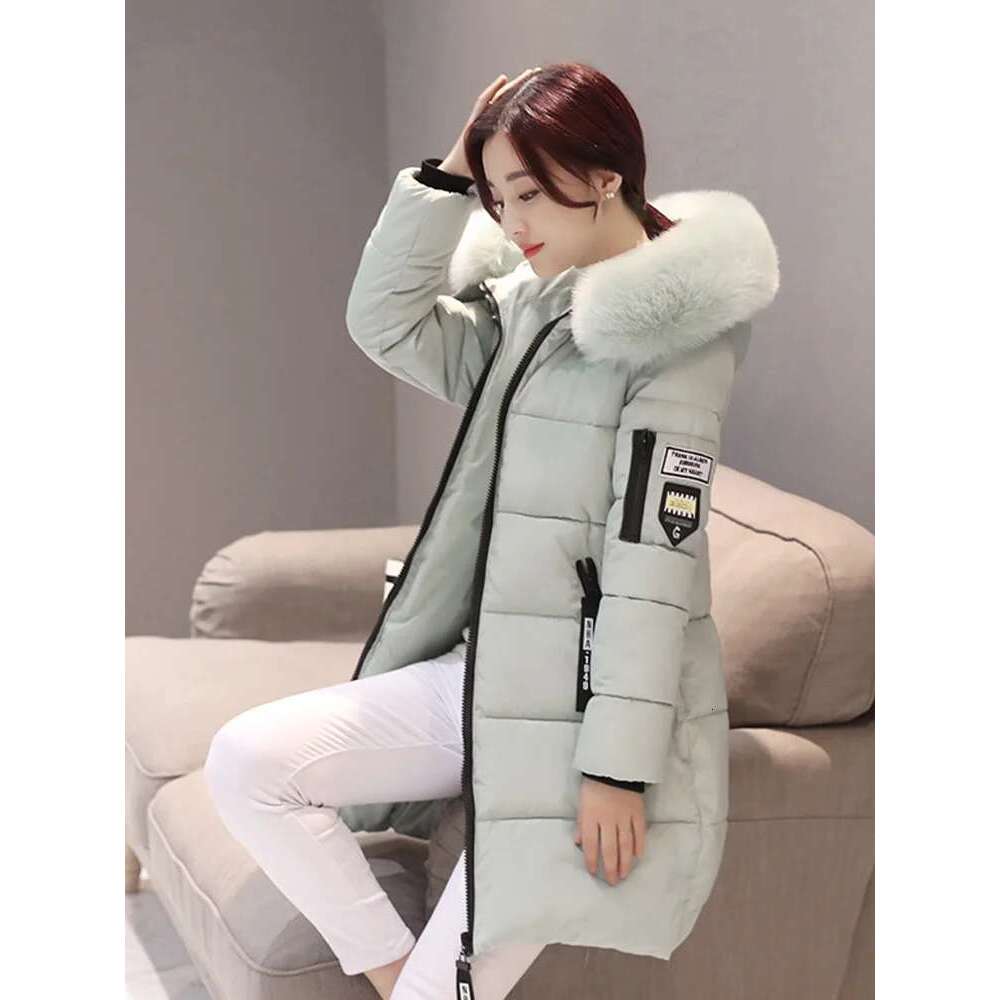 Women Winter Fur Collar Hooded Parka Fashion Letter Patch Zipper Pockets Design Long Jacket Elegant Slim Warm Thick Female Coats Designer