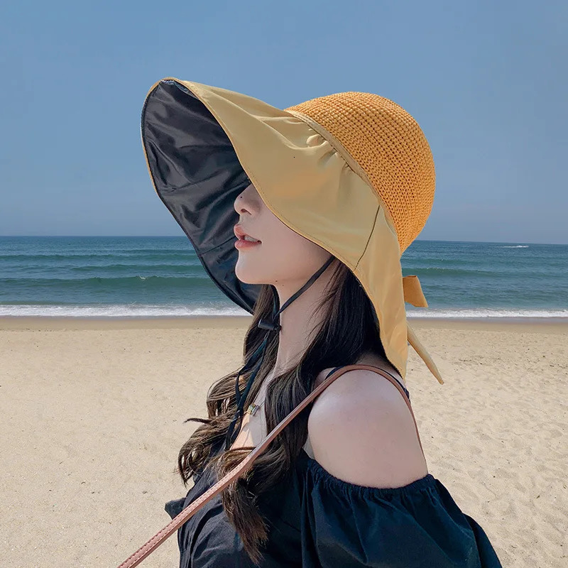 Summer Sun hat womens straw woven anti ultraviolet sun visor hat with big brim seaside black glue breathable Bucket hat sun hat 250514