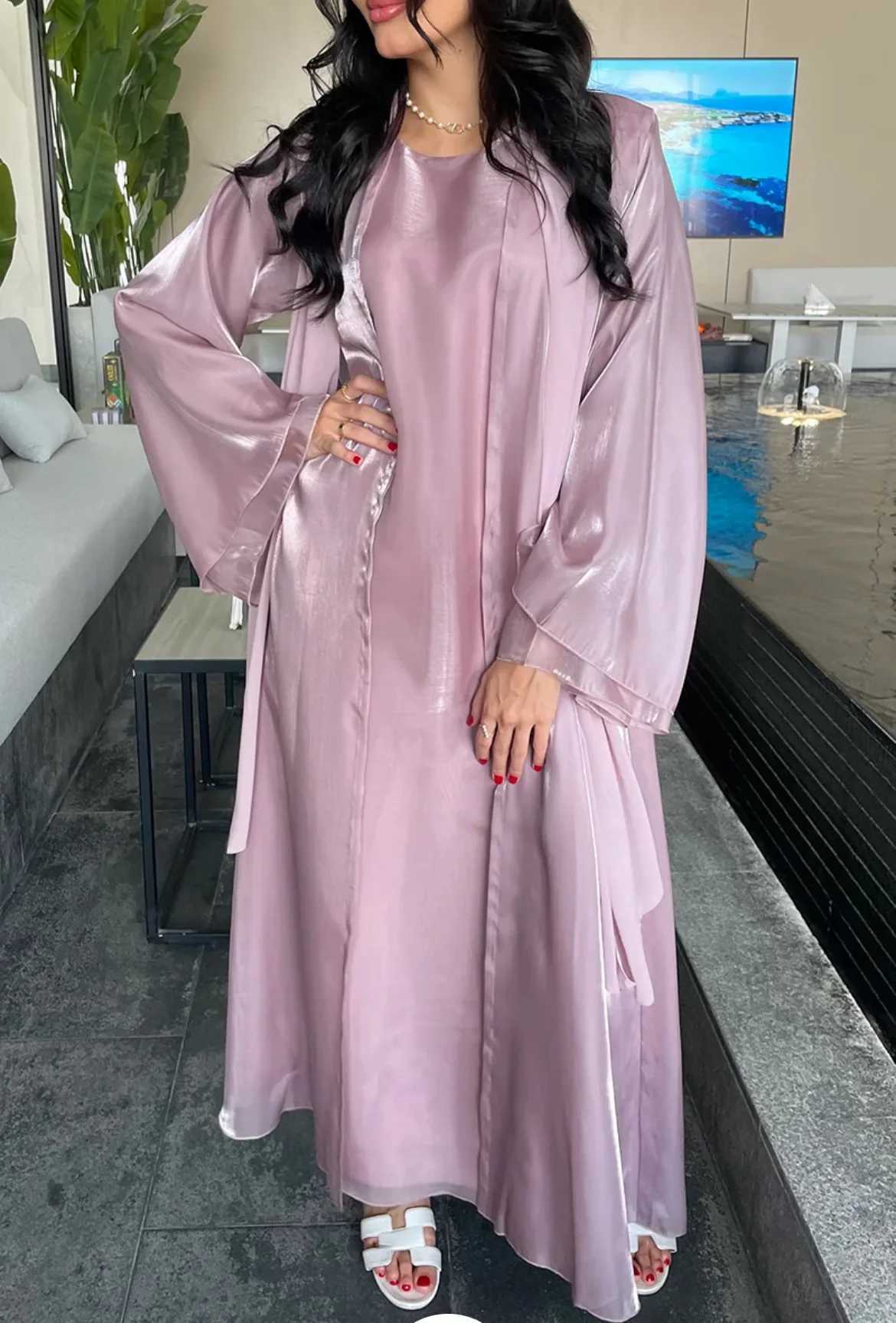 Women Eid Muslim Sets 2 Piece Dress Shiny Satin Dubai Abayas Ka Jalabiya Turkey Kaftan Ramadan Islam Clothing Robe Vestidos X250514