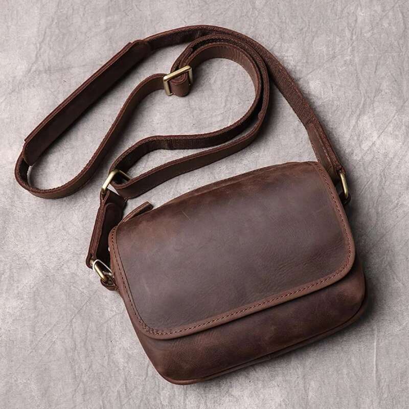 Real Men's Shoulder Vintage Daily Zipper Flap Phone Man Simple Bag Crazy Horse Leather Retro Sling Ba