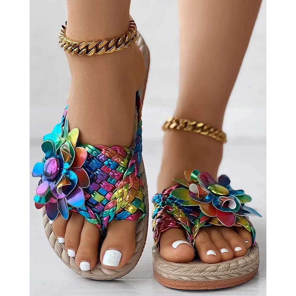Women Fashion Casual Shoes Flat Vacation Holiday Holographic Braided ral Pattern Toe Post Beach Flip ps
