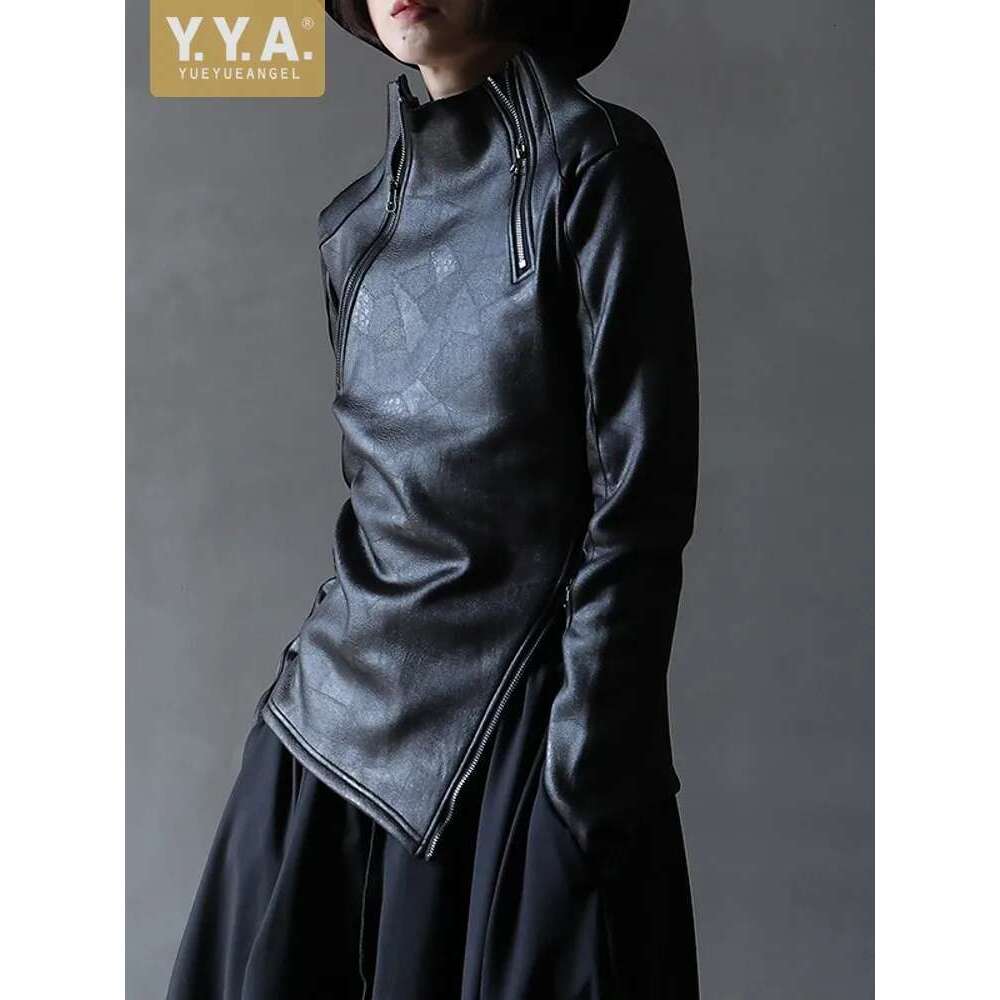 Dark Style Irregular Stand Collar Diagonal Zipper Faux Leather Sweatshirt Female Cool Black Gothic Jacket Fleece Lining Pullover Designer