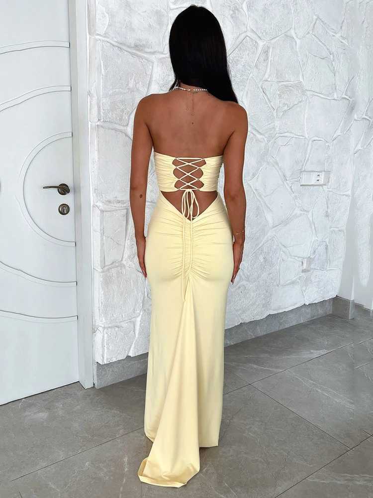 Mozision Strapless Backless Lace-up Maxi Dress For Women Summer New Off-shoulder Sleeveless Bodycon Club Party Long DressXJ250514