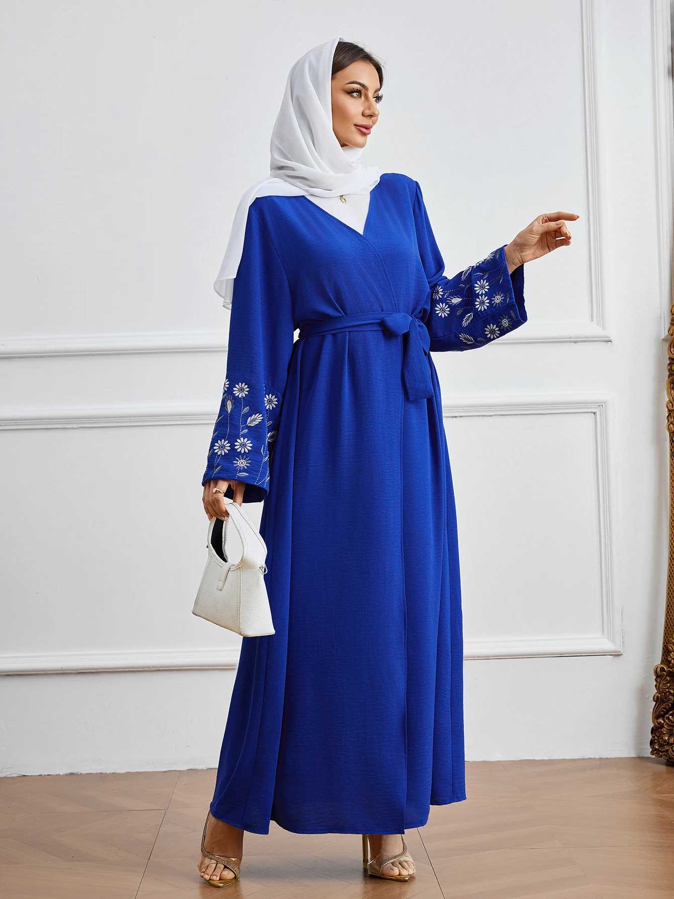 Elegant Blue Abaya Dress with Exquisite Floral Embroidery Modest Fashion Womens Long Gown for Party Ramandan Occasions X250514