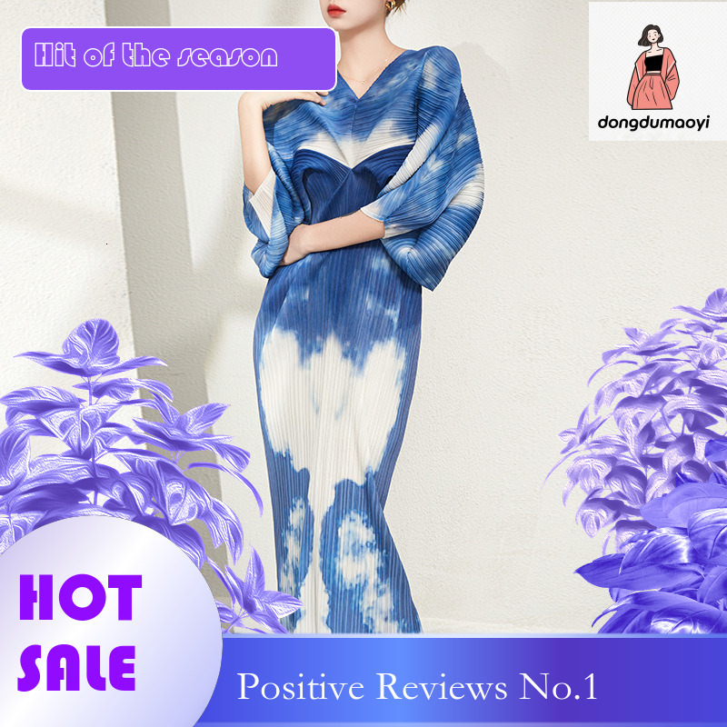 dongdumaoyi new autumn French tie dye printed batball sleeve V neck with high end irregular dress for women
